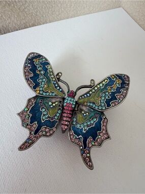 Vintage Enamel & Rhinestone Butterfly Trinket Box / Figurine Jeweled Crystal